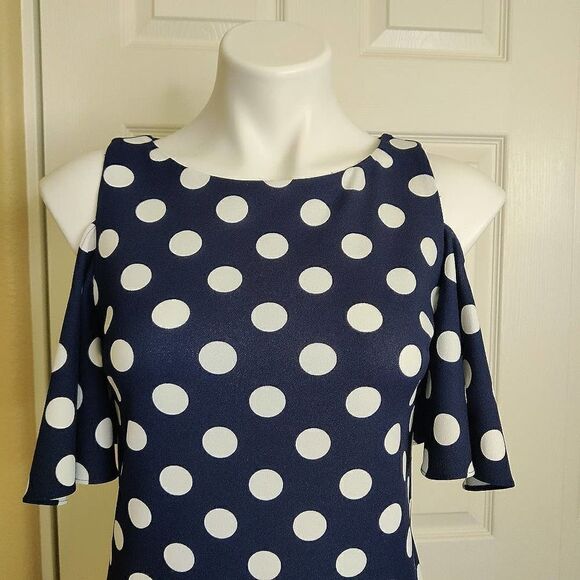 Eliza J Polka Dot Cold-Shoulder Stretch Dress sz 2 - Picture 5 of 10